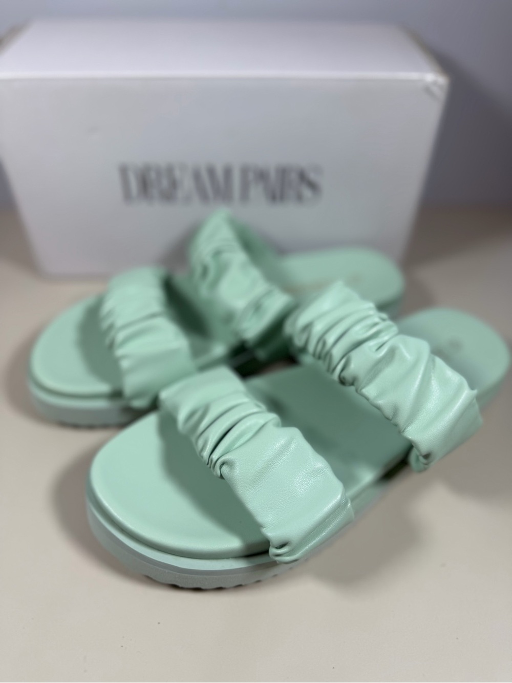 Dream Pairs Mint Green Double-Ruched Slide Sandals